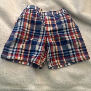 Boys plaid pull on shorts red white blue 2T elastic waist pockets non branded